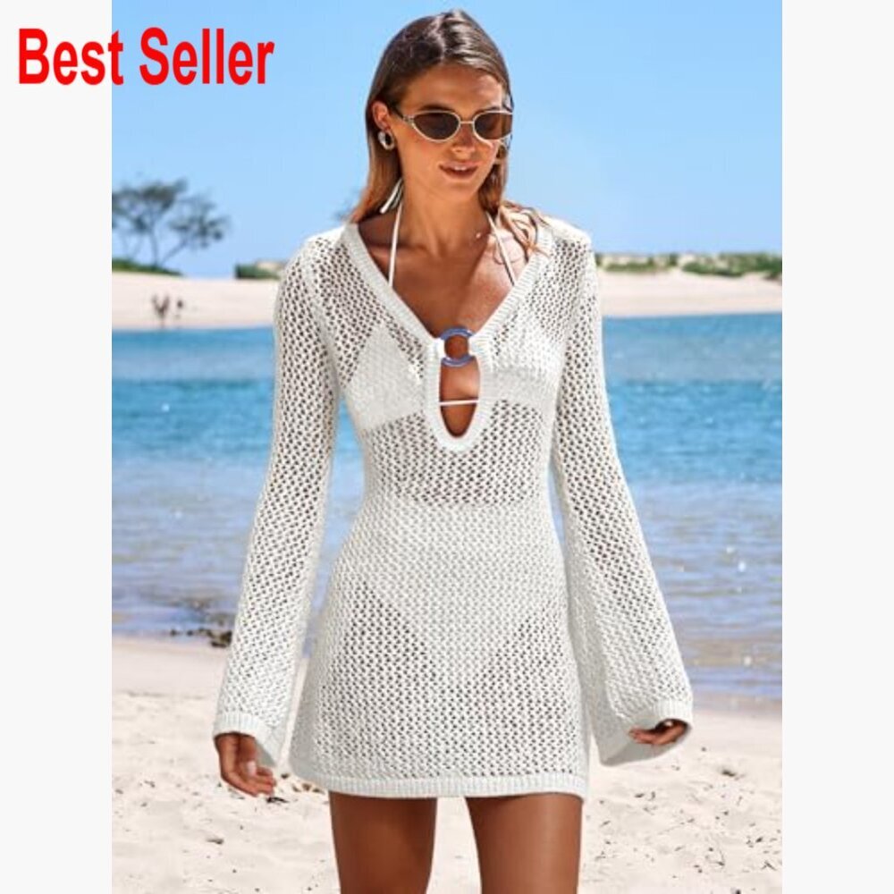 Acrylic Crochet Beach Cover Up Swimsuit Dress Hollow Out Mesh - Picture 4 of 7
